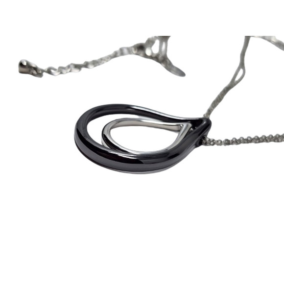 Lia Sophia Double Chain Necklace w/ Tear Drop Pendant - Black and Silver 16-19" - Picture 2 of 8